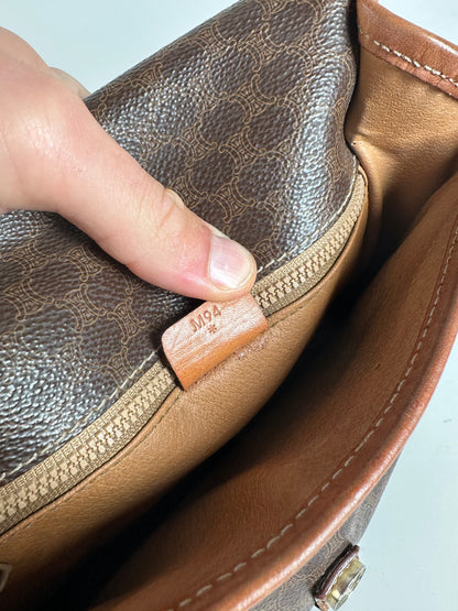 Vintage Celine Coated Canvas Shoulder Bag Brown Tan Gold