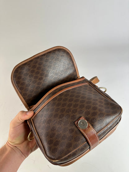 Vintage Celine Coated Canvas Shoulder Bag Brown Tan Gold