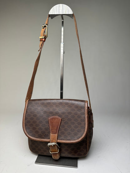 Vintage Celine Coated Canvas Shoulder Bag Brown Tan Gold