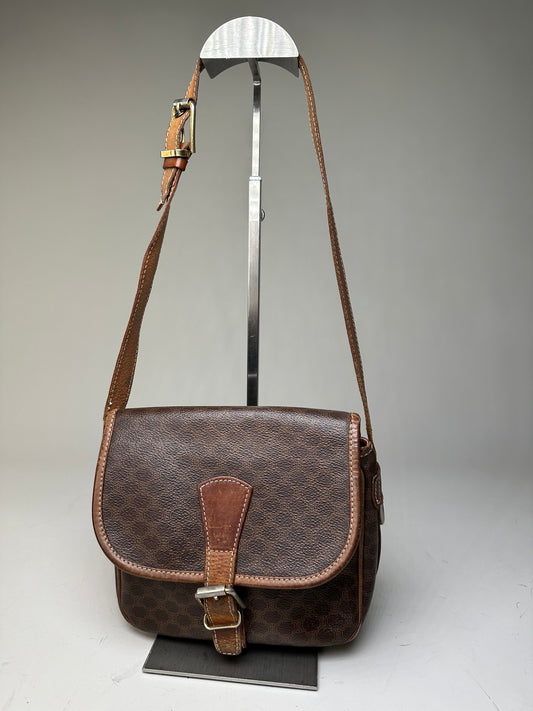 Vintage Celine Coated Canvas Shoulder Bag Brown Tan Gold