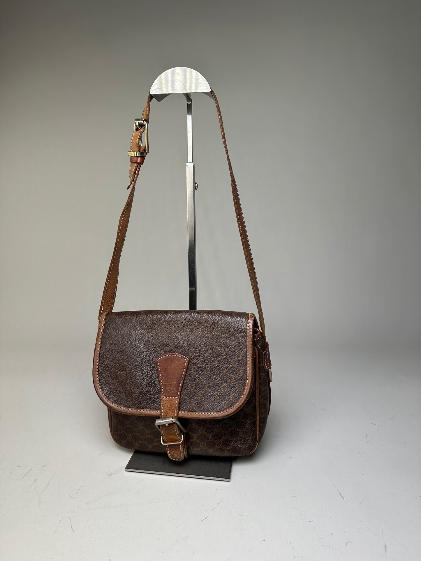 Vintage Celine Coated Canvas Shoulder Bag Brown Tan Gold