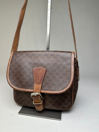 Vintage Celine Coated Canvas Shoulder Bag Brown Tan Gold
