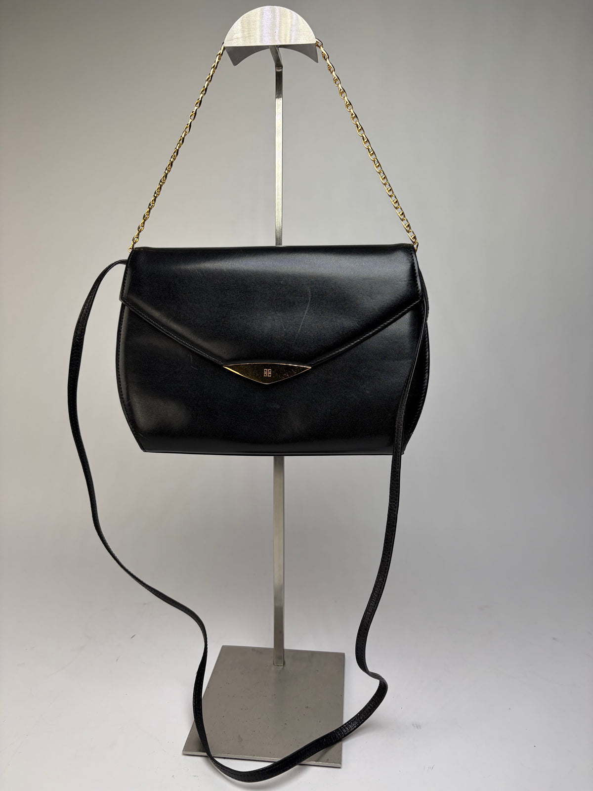 Vintage Givenchy 4G Logo Flap Crossbody Bag Late 1970s Black Gold