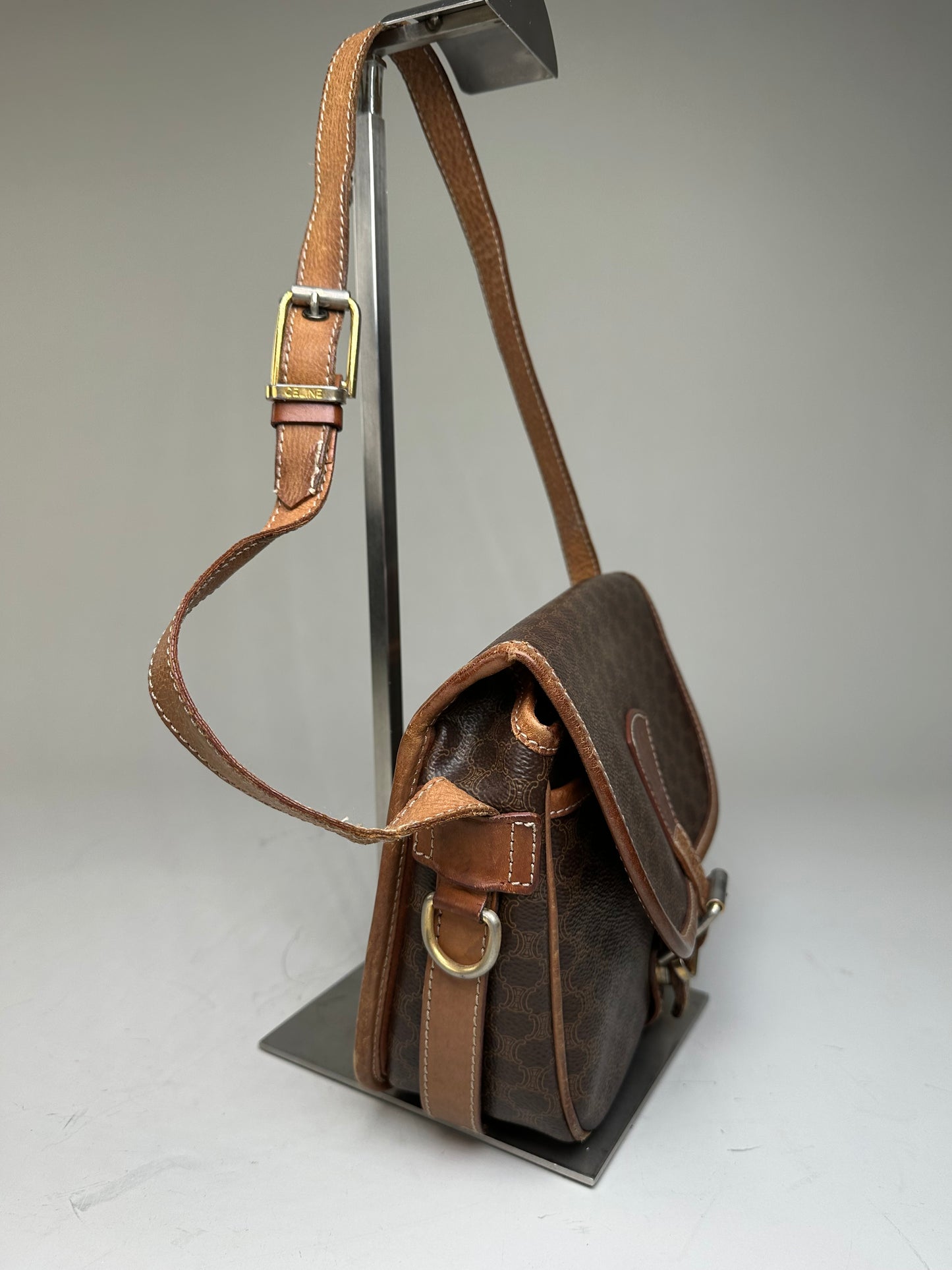 Vintage Celine Coated Canvas Shoulder Bag Brown Tan Gold
