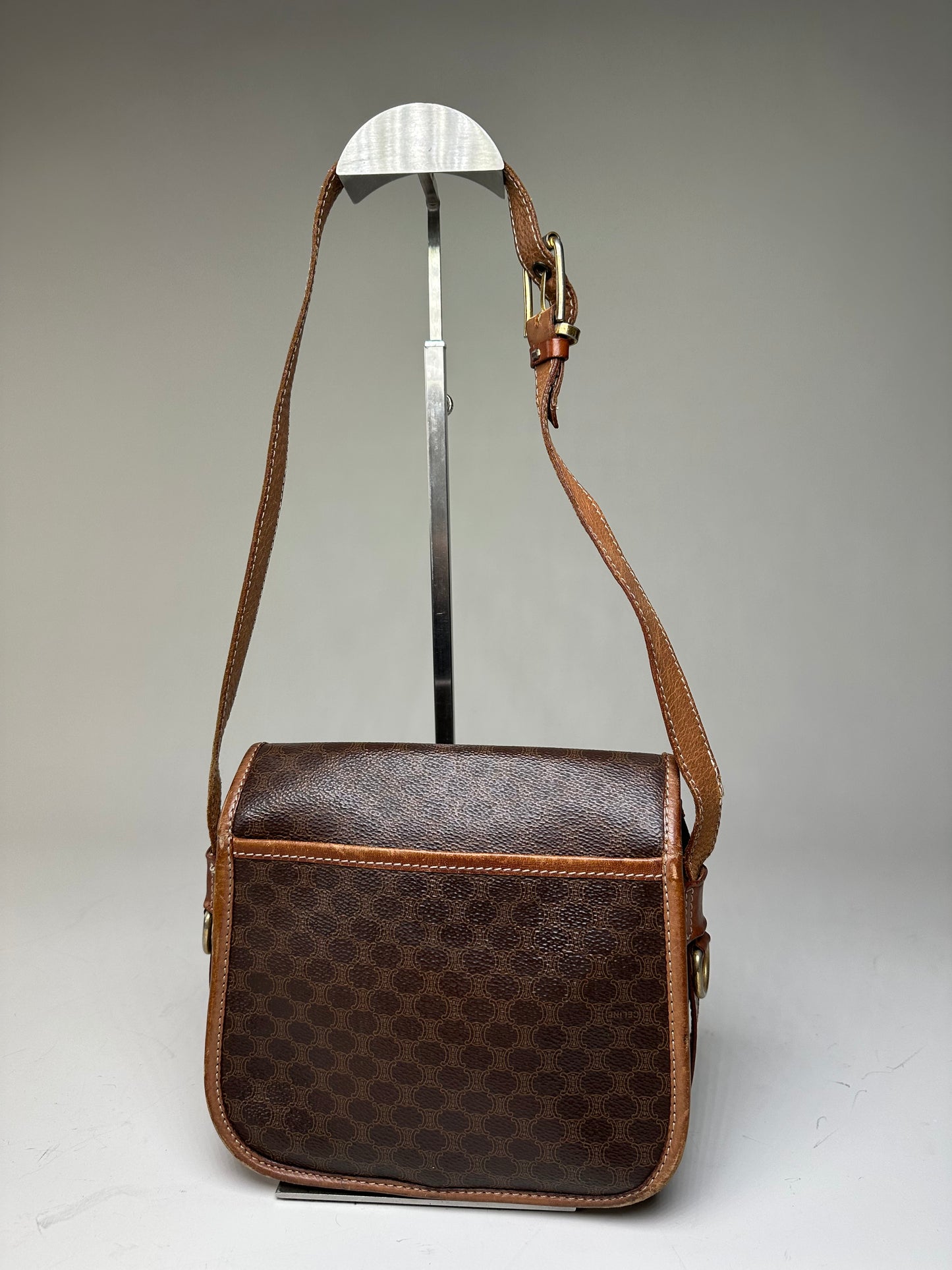 Vintage Celine Coated Canvas Shoulder Bag Brown Tan Gold