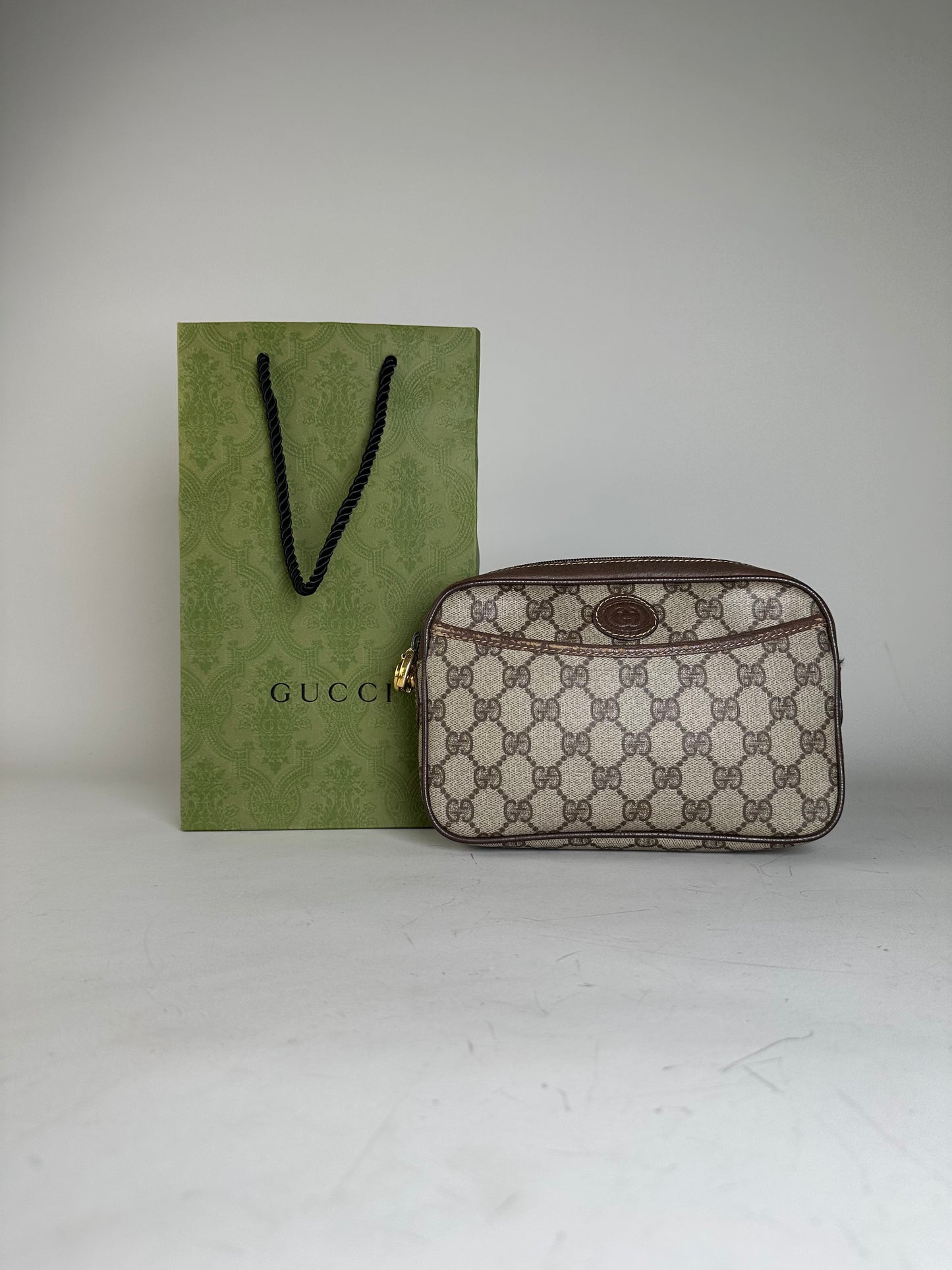 Vintage Gucci GG Supreme Cosmetic Case Beige Brown Gold