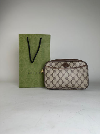 Vintage Gucci GG Supreme Cosmetic Case Beige Brown Gold