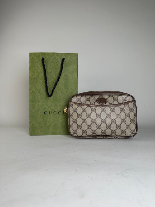 Vintage Gucci GG Supreme Cosmetic Case Beige Brown Gold