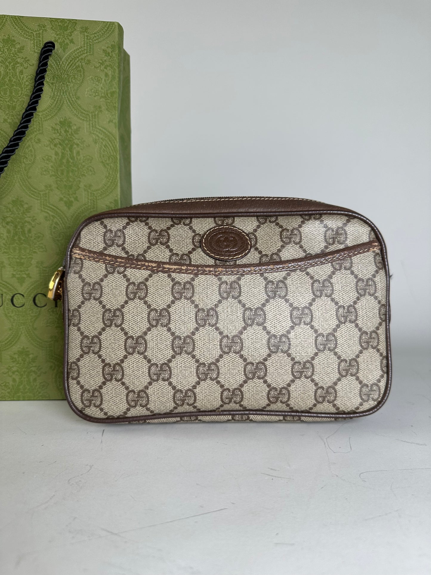 Vintage Gucci GG Supreme Cosmetic Case Beige Brown Gold