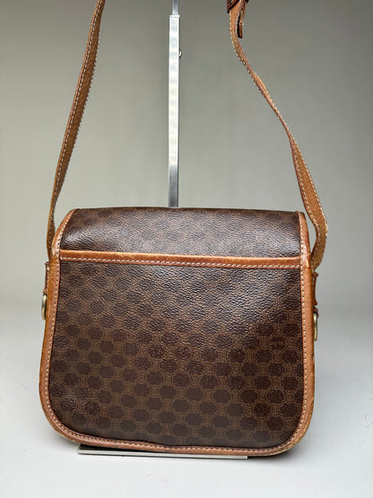 Vintage Celine Coated Canvas Shoulder Bag Brown Tan Gold