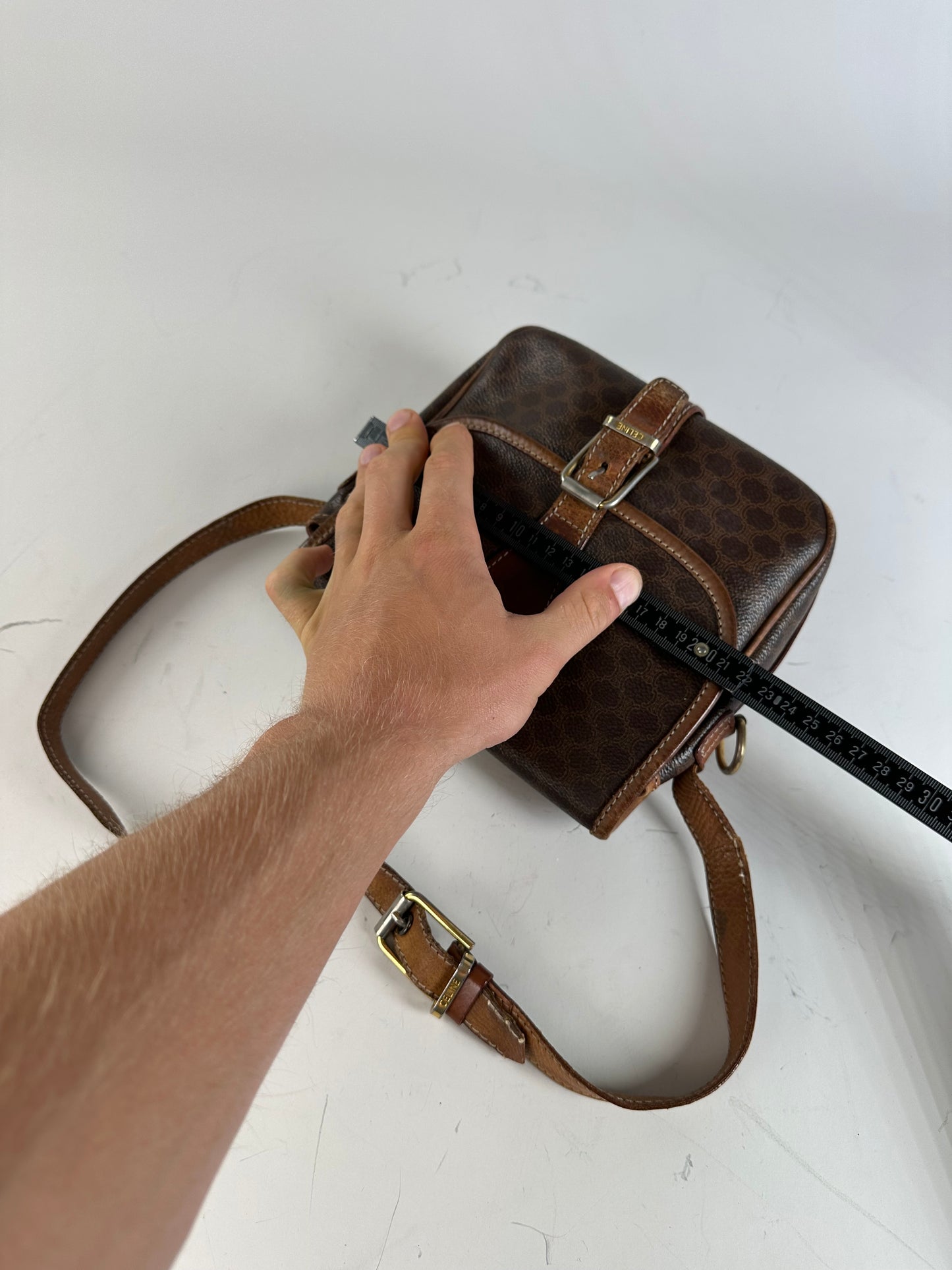 Vintage Celine Coated Canvas Shoulder Bag Brown Tan Gold