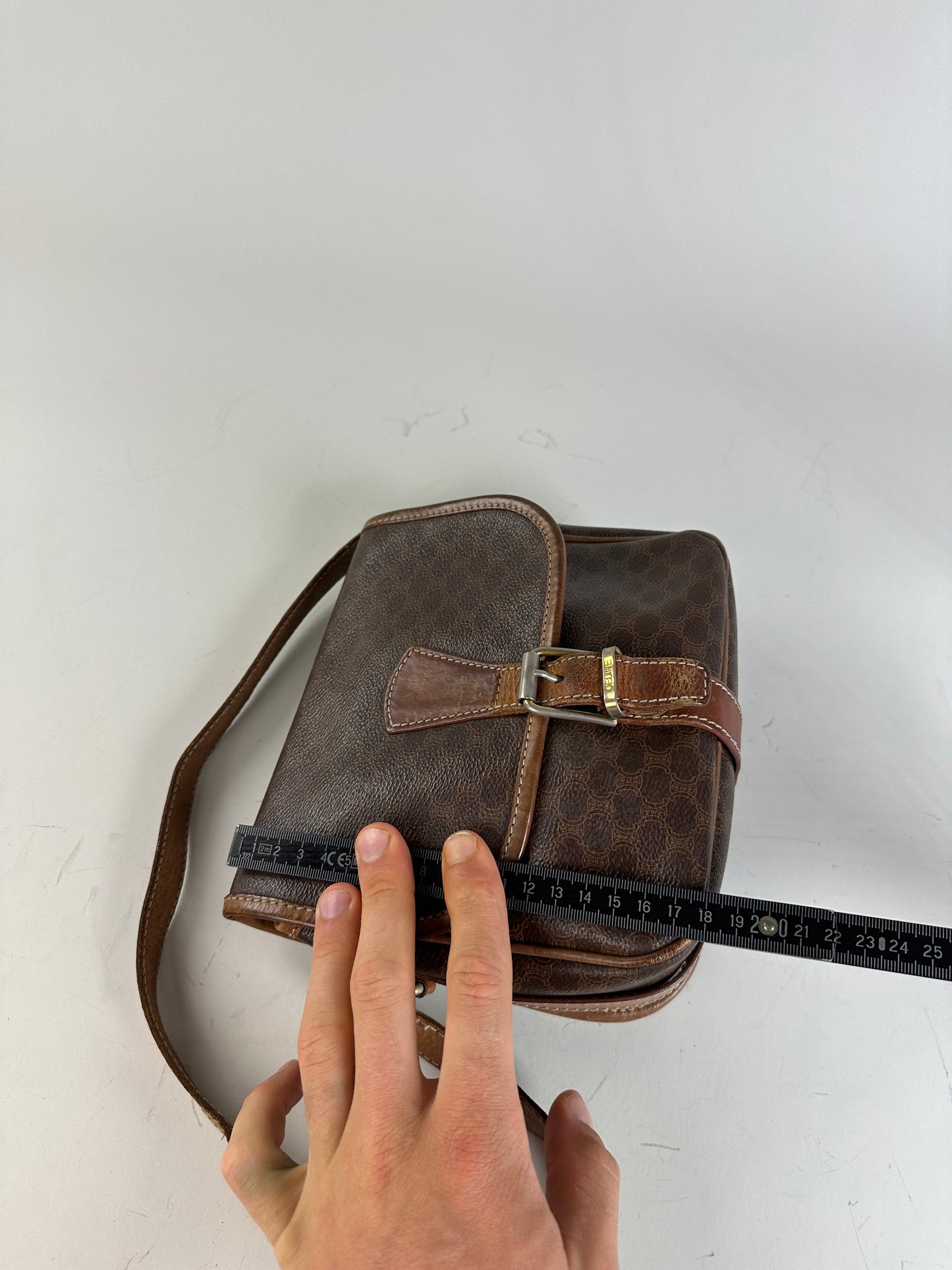 Vintage Celine Coated Canvas Shoulder Bag Brown Tan Gold