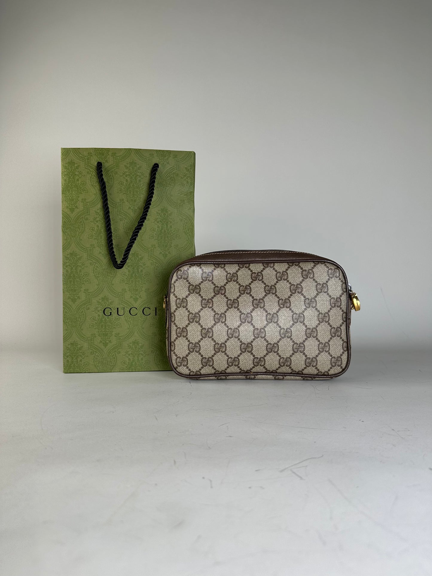 Vintage Gucci GG Supreme Cosmetic Case Beige Brown Gold