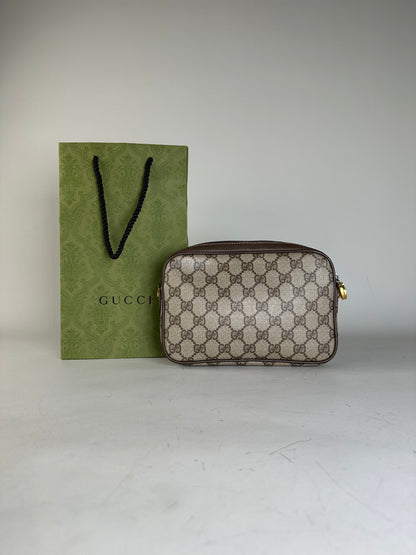 Vintage Gucci GG Supreme Cosmetic Case Beige Brown Gold