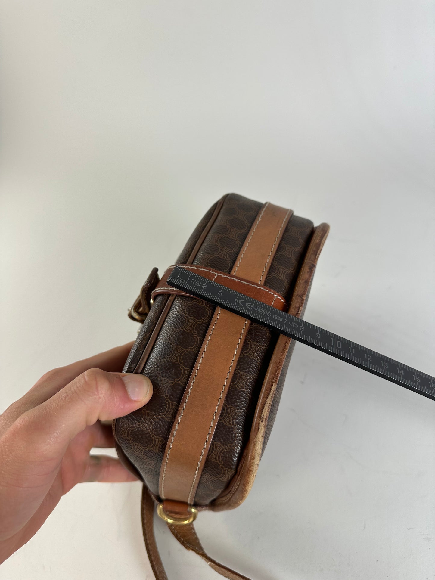 Vintage Celine Coated Canvas Shoulder Bag Brown Tan Gold