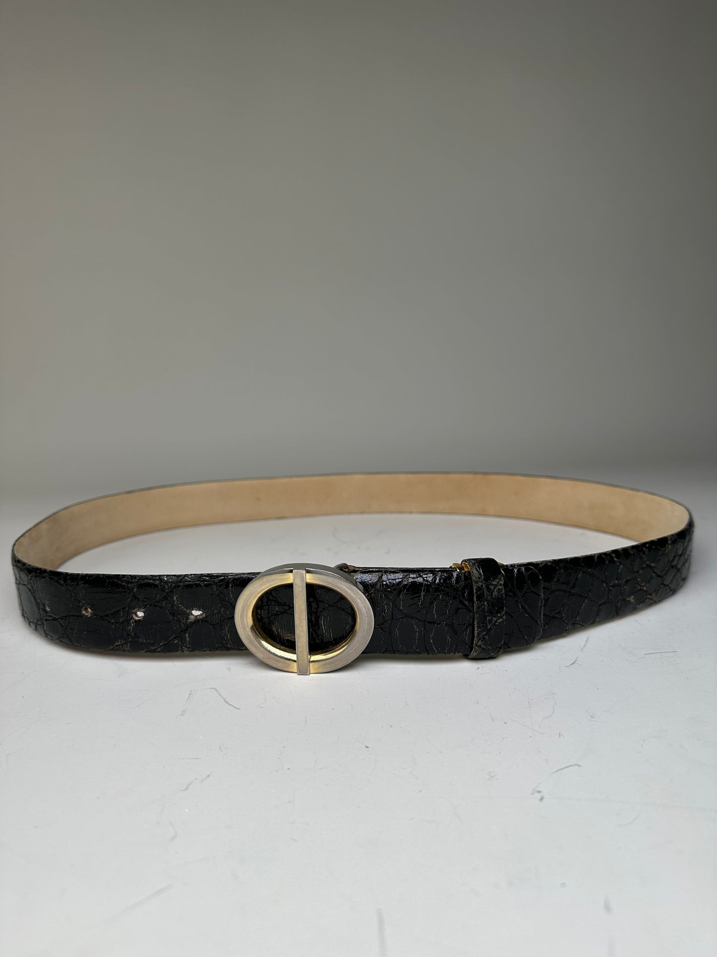 Vintage Dior Crocodile-Embossed Leather Belt Black Gold