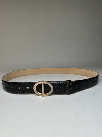 Vintage Dior Crocodile-Embossed Leather Belt Black Gold