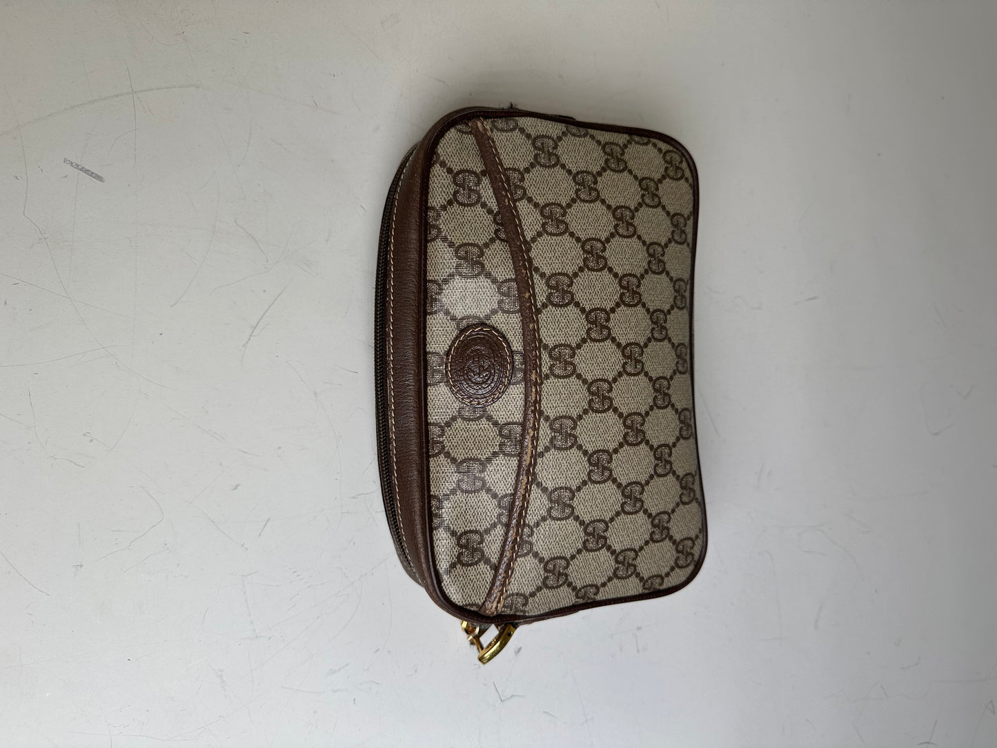 Vintage Gucci GG Supreme Cosmetic Case Beige Brown Gold