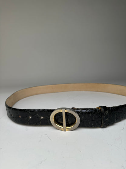 Vintage Dior Crocodile-Embossed Leather Belt Black Gold