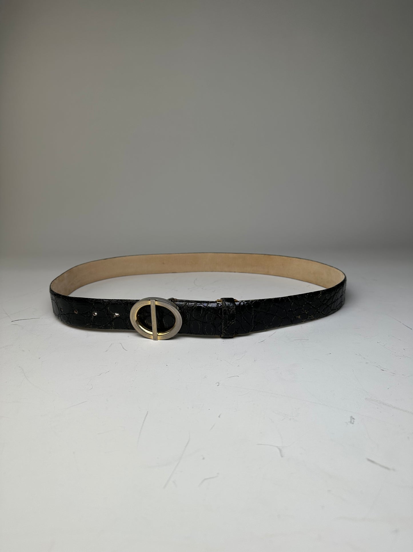 Vintage Dior Crocodile-Embossed Leather Belt Black Gold