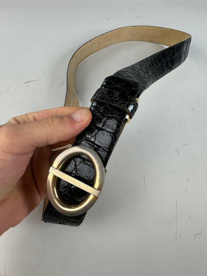 Vintage Dior Crocodile-Embossed Leather Belt Black Gold