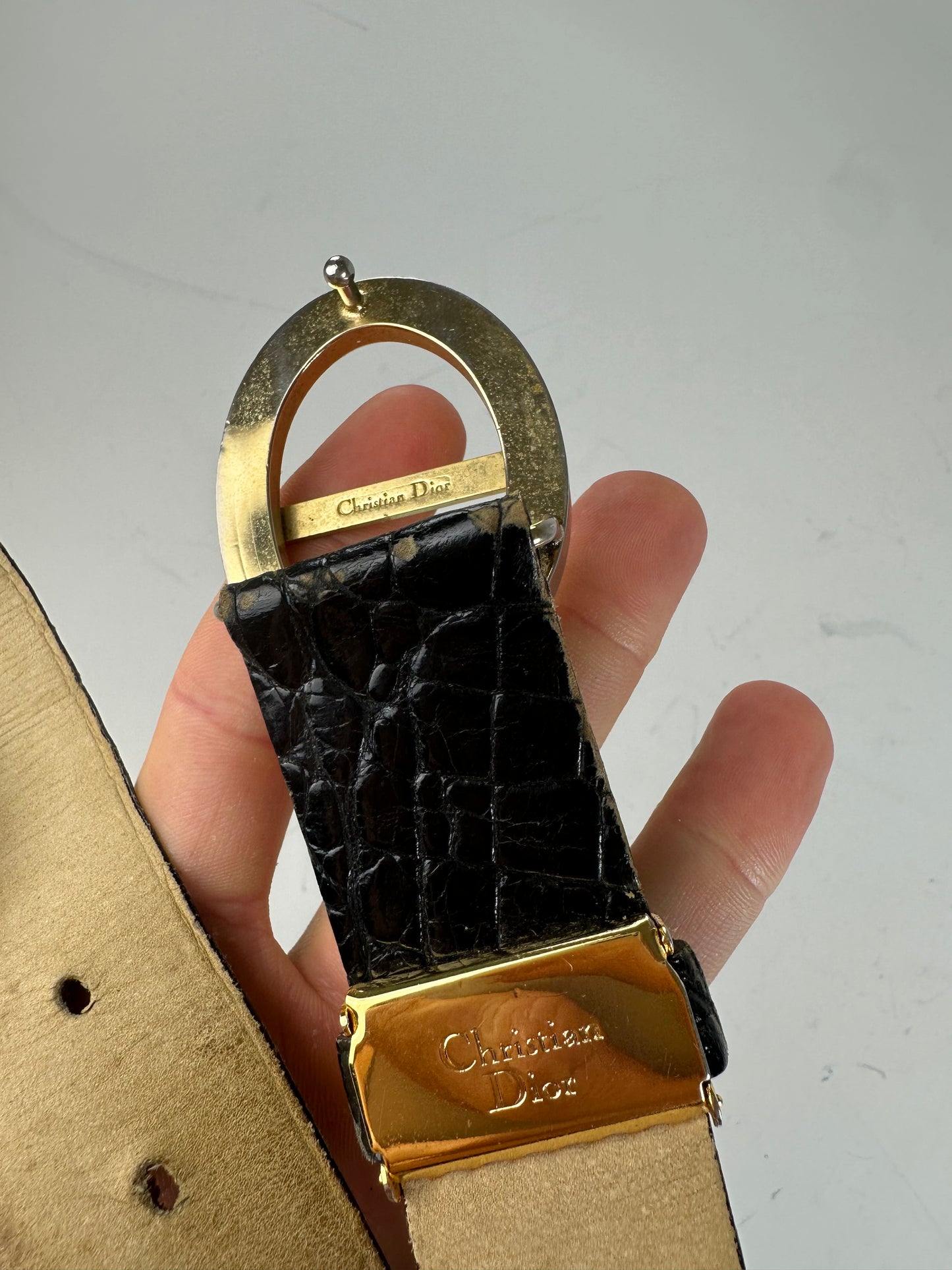 Vintage Dior Crocodile-Embossed Leather Belt Black Gold