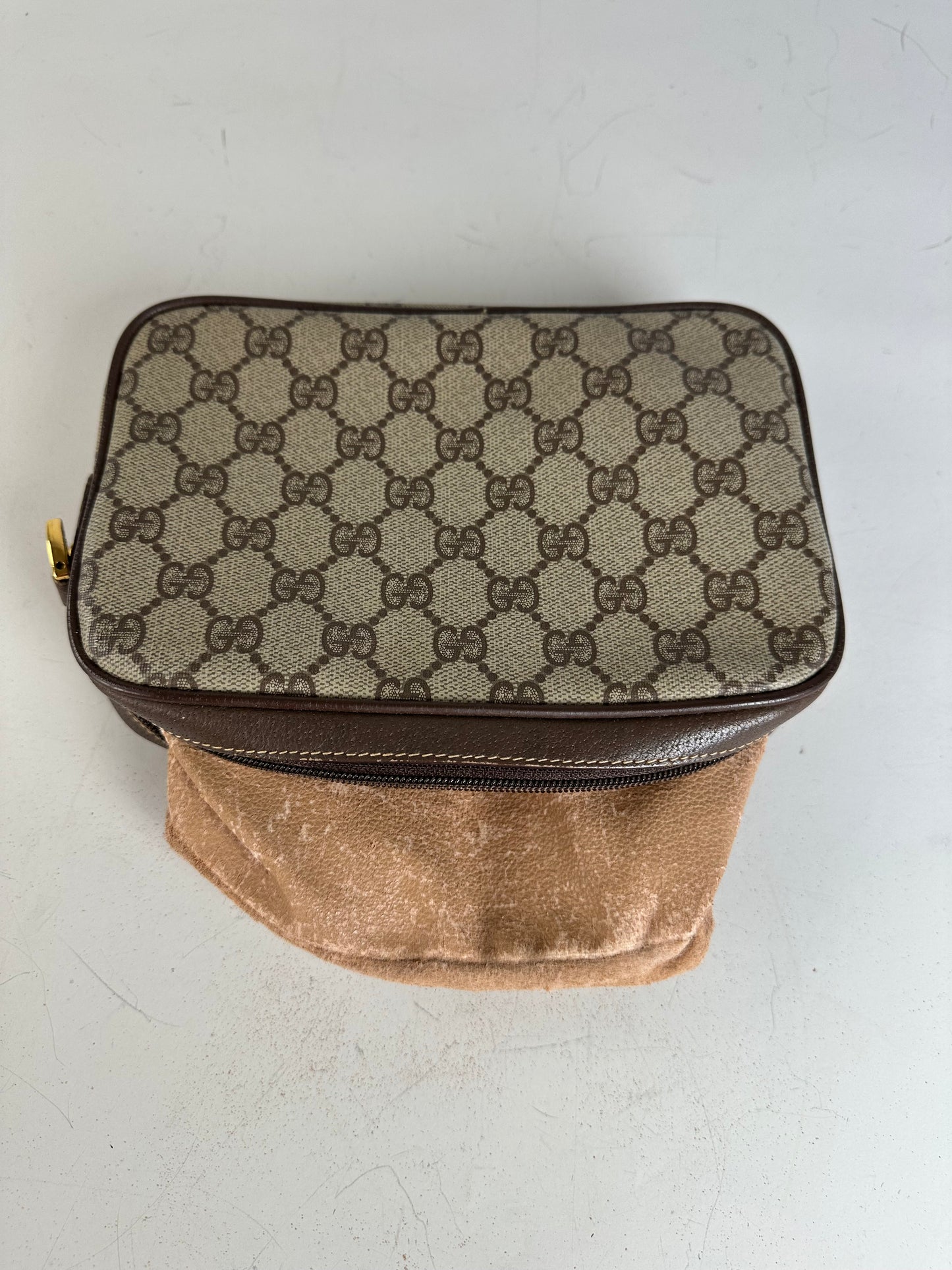 Vintage Gucci GG Supreme Cosmetic Case Beige Brown Gold