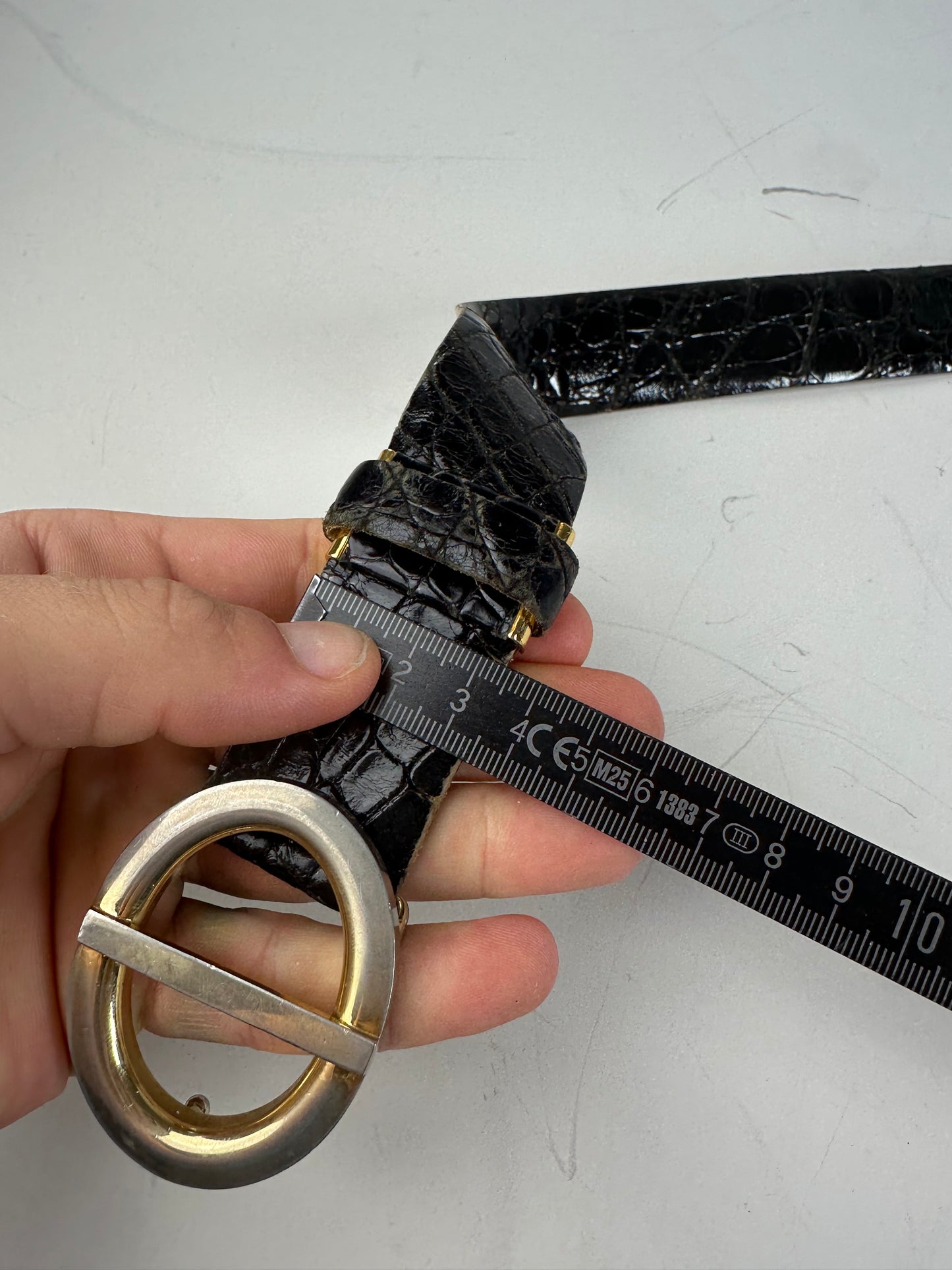 Vintage Dior Crocodile-Embossed Leather Belt Black Gold