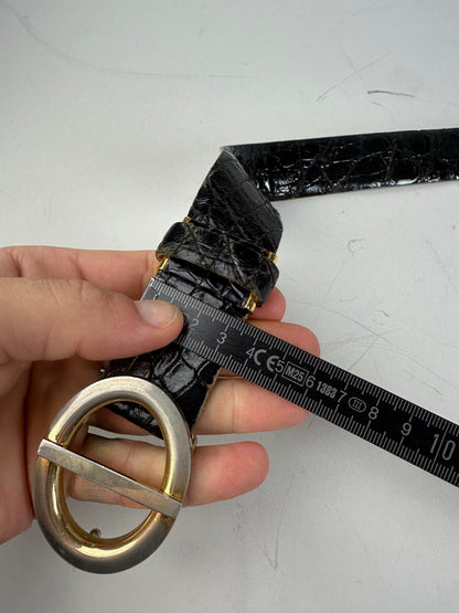 Vintage Dior Crocodile-Embossed Leather Belt Black Gold