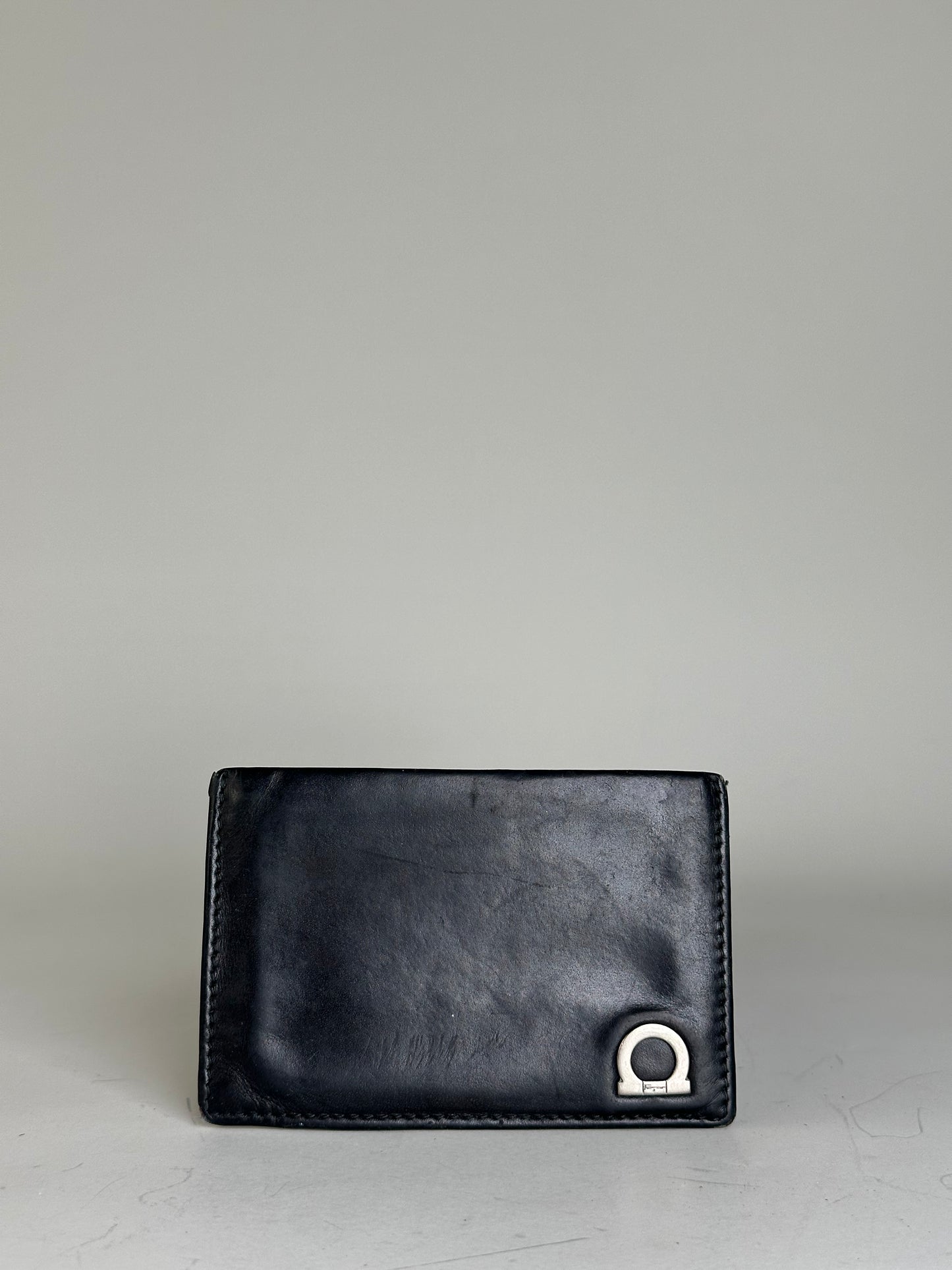 Vintage Ferragamo Leather Card Holder Black Silver