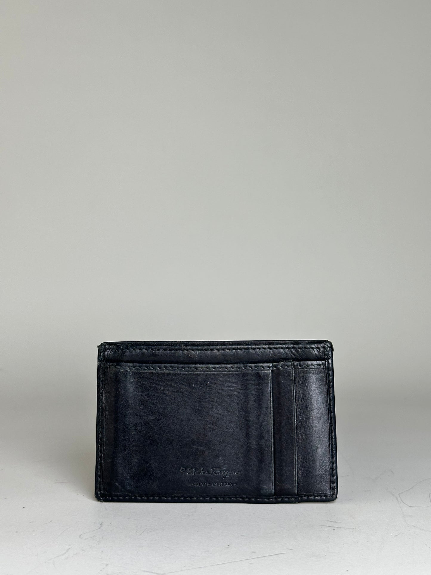 Vintage Ferragamo Leather Card Holder Black Silver