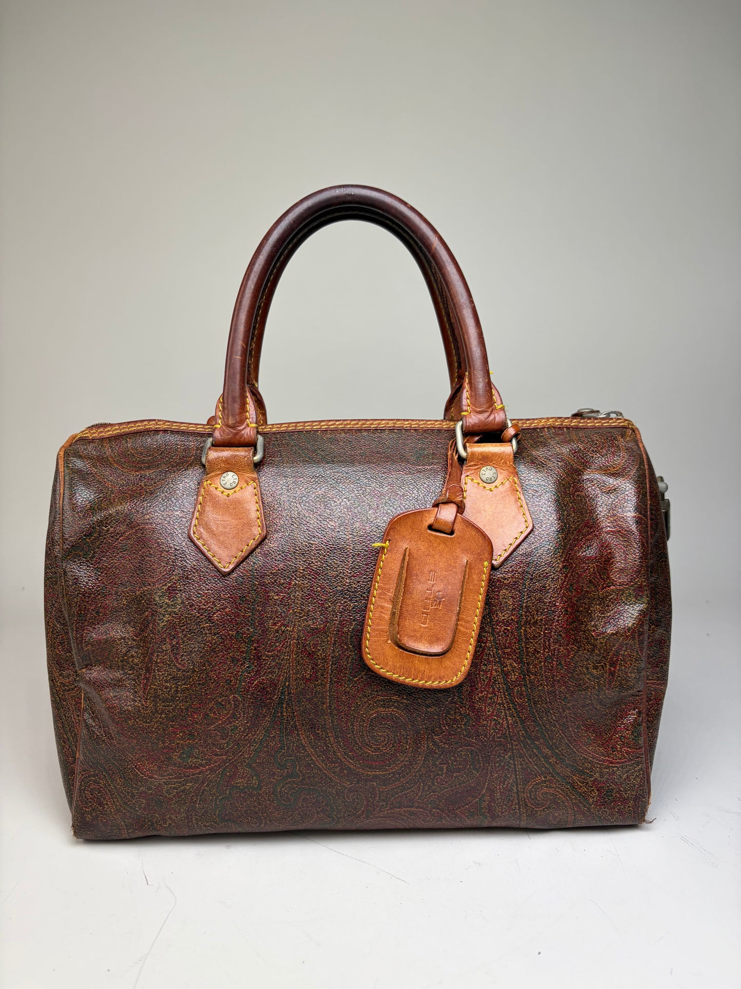 Vintage Etro Coated Leather Handbag Brown Rust Gold