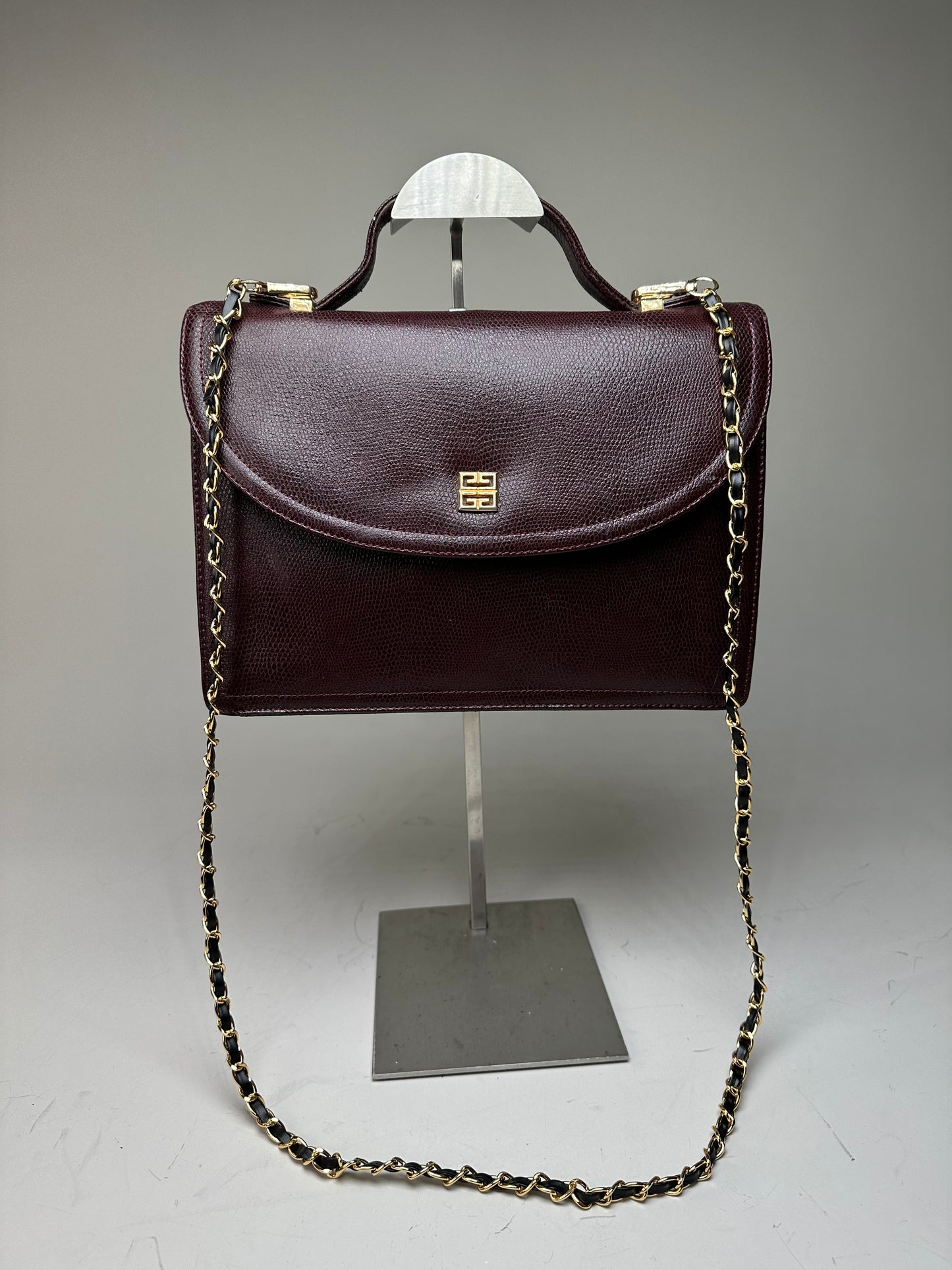 Vintage Givenchy Leather Shoulder Bag Burgundy Gold Chain Early 2000s