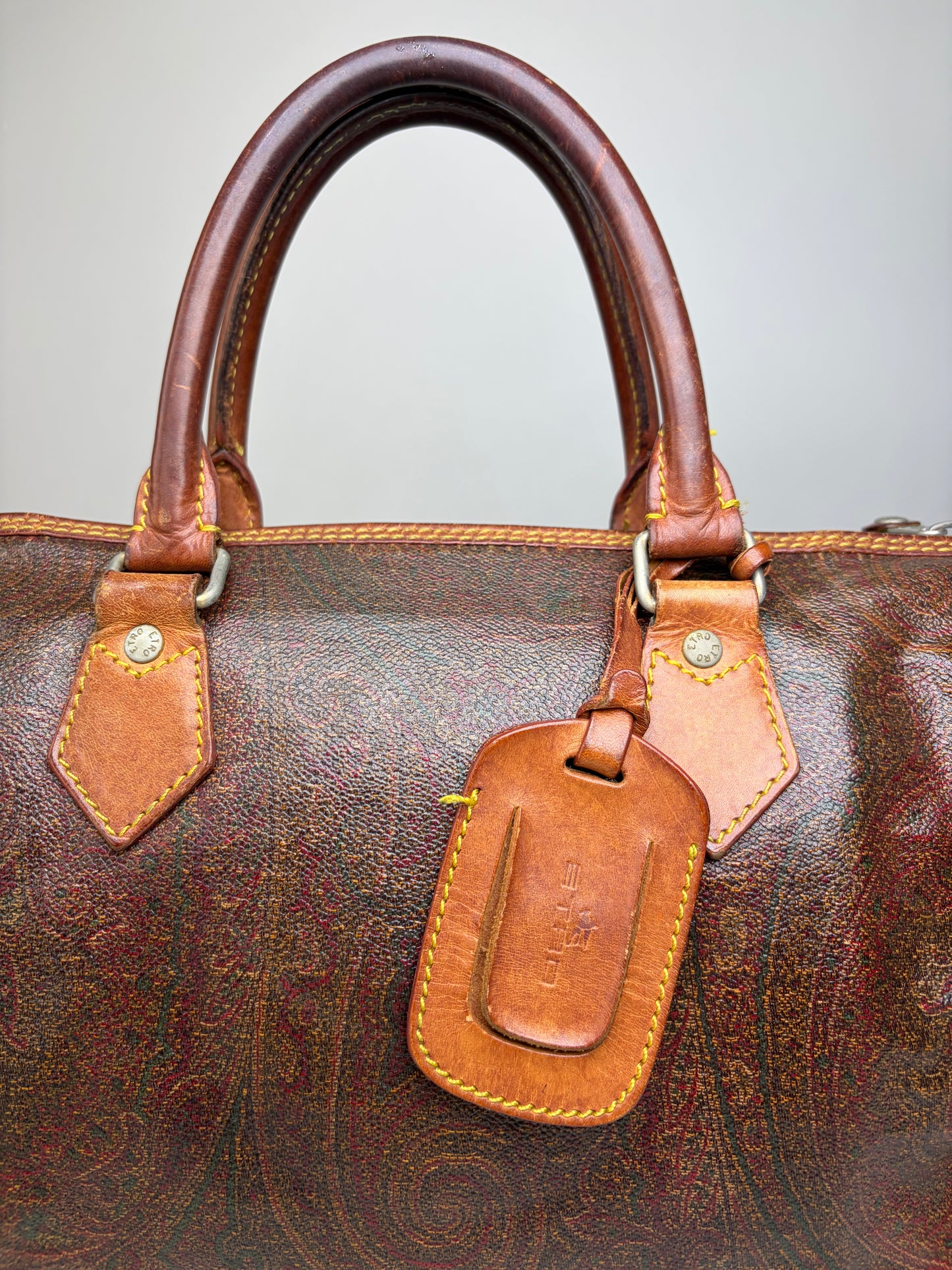 Vintage Etro Coated Leather Handbag Brown Rust Gold