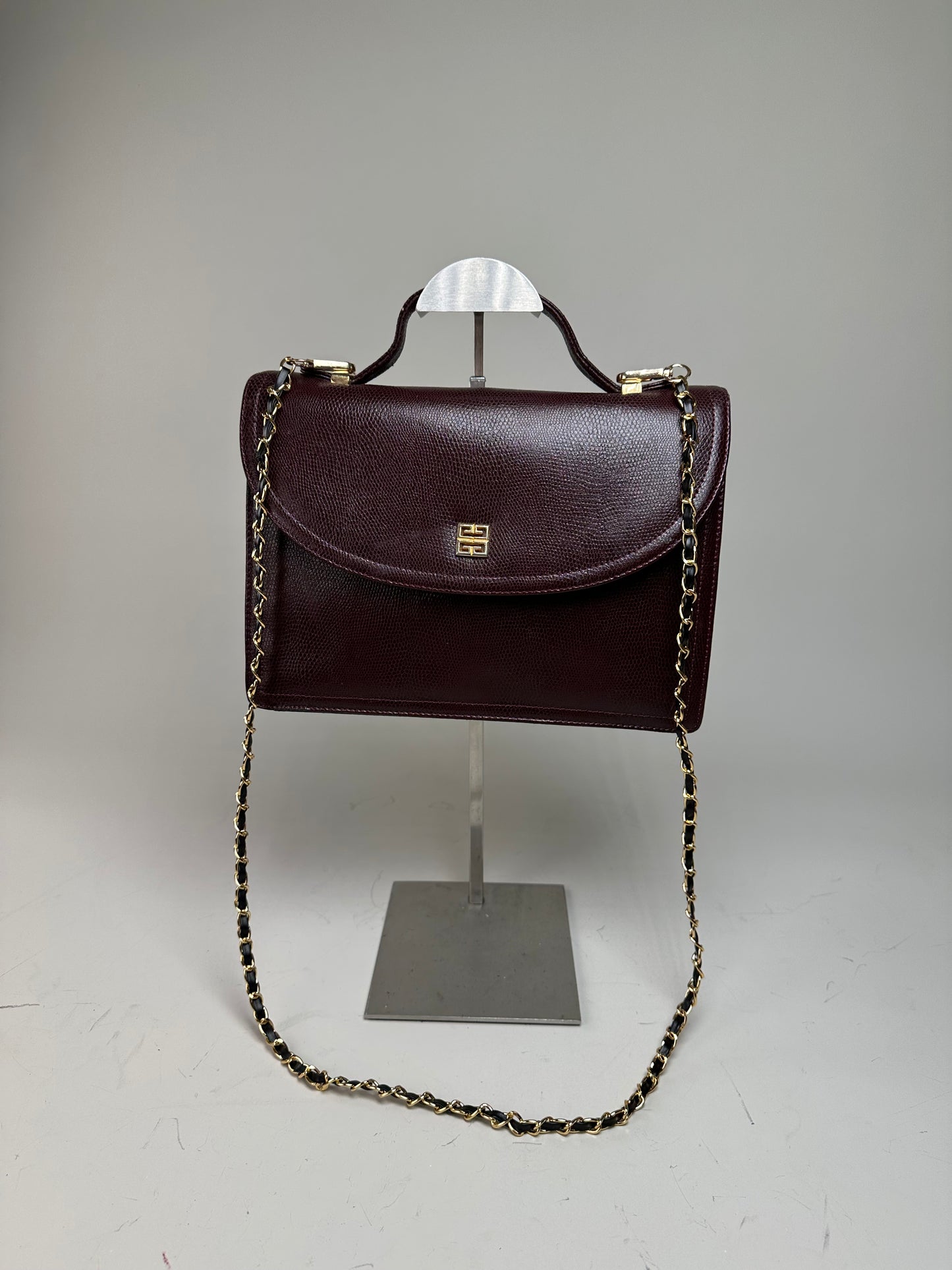 Vintage Givenchy Leather Shoulder Bag Burgundy Gold Chain Early 2000s