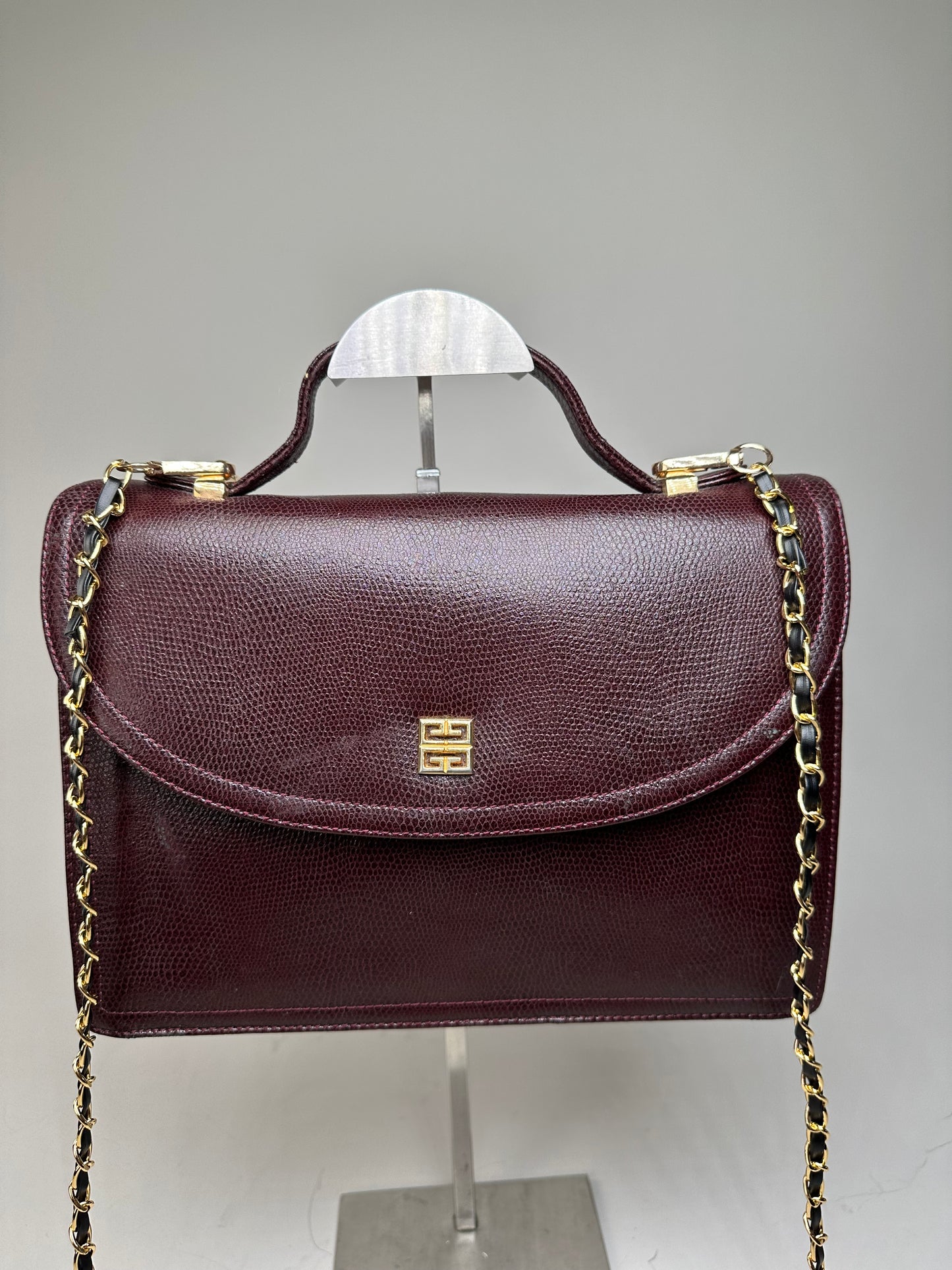 Vintage Givenchy Leather Shoulder Bag Burgundy Gold Chain Early 2000s