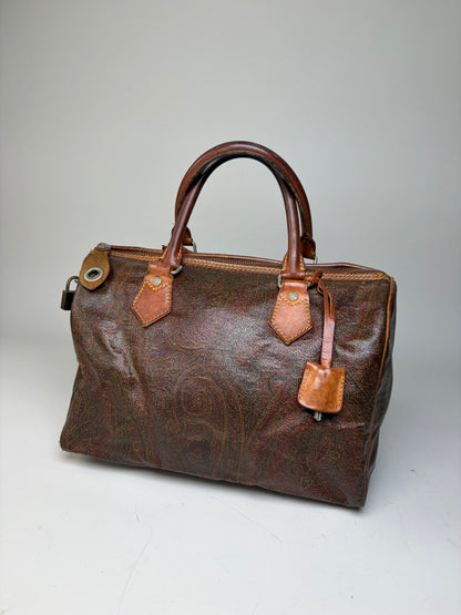 Vintage Etro Coated Leather Handbag Brown Rust Gold