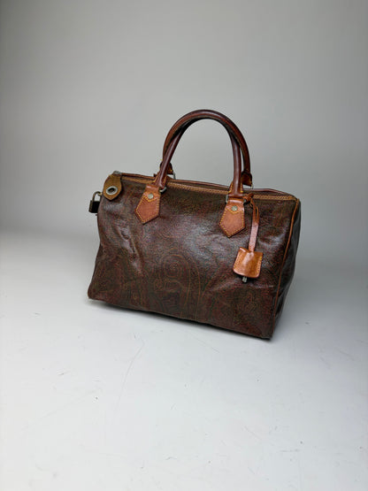 Vintage Etro Coated Leather Handbag Brown Rust Gold