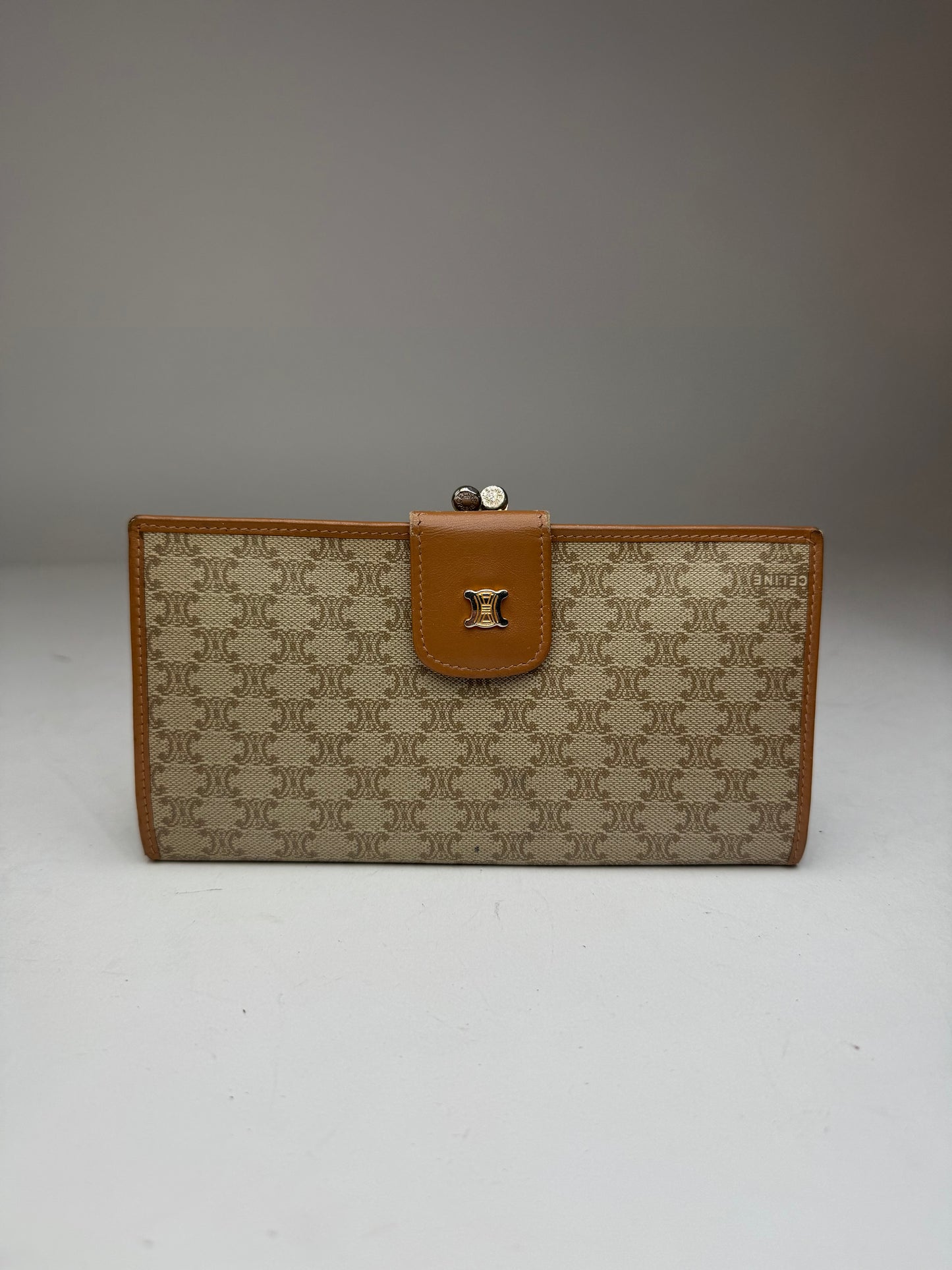 Vintage Celine Paris Monogram Leather Wallet beige