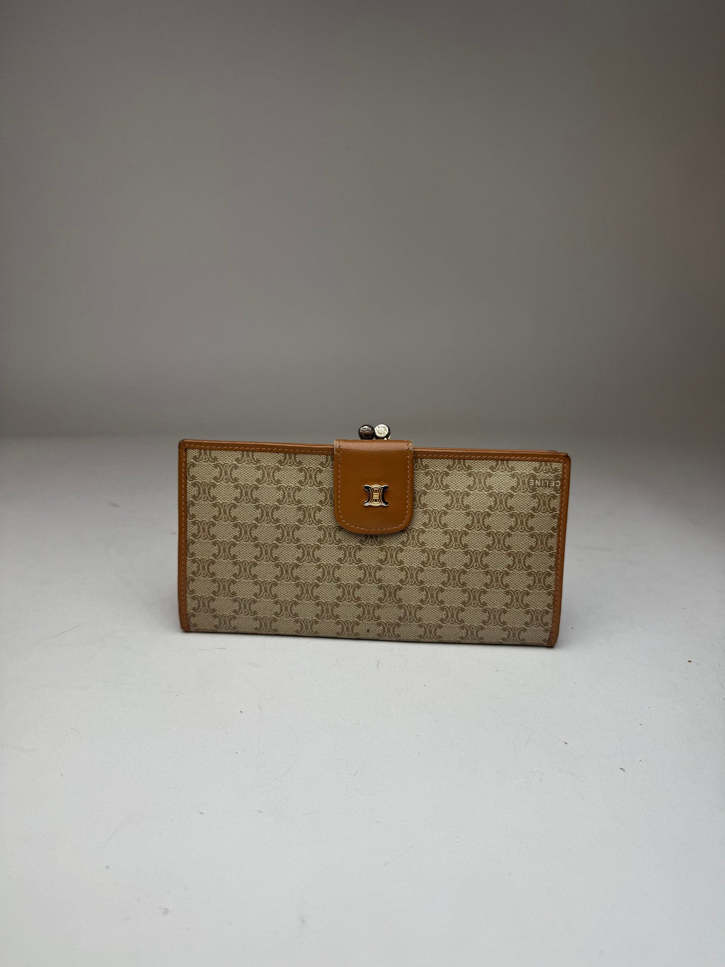 Vintage Celine Paris Monogram Leather Wallet beige