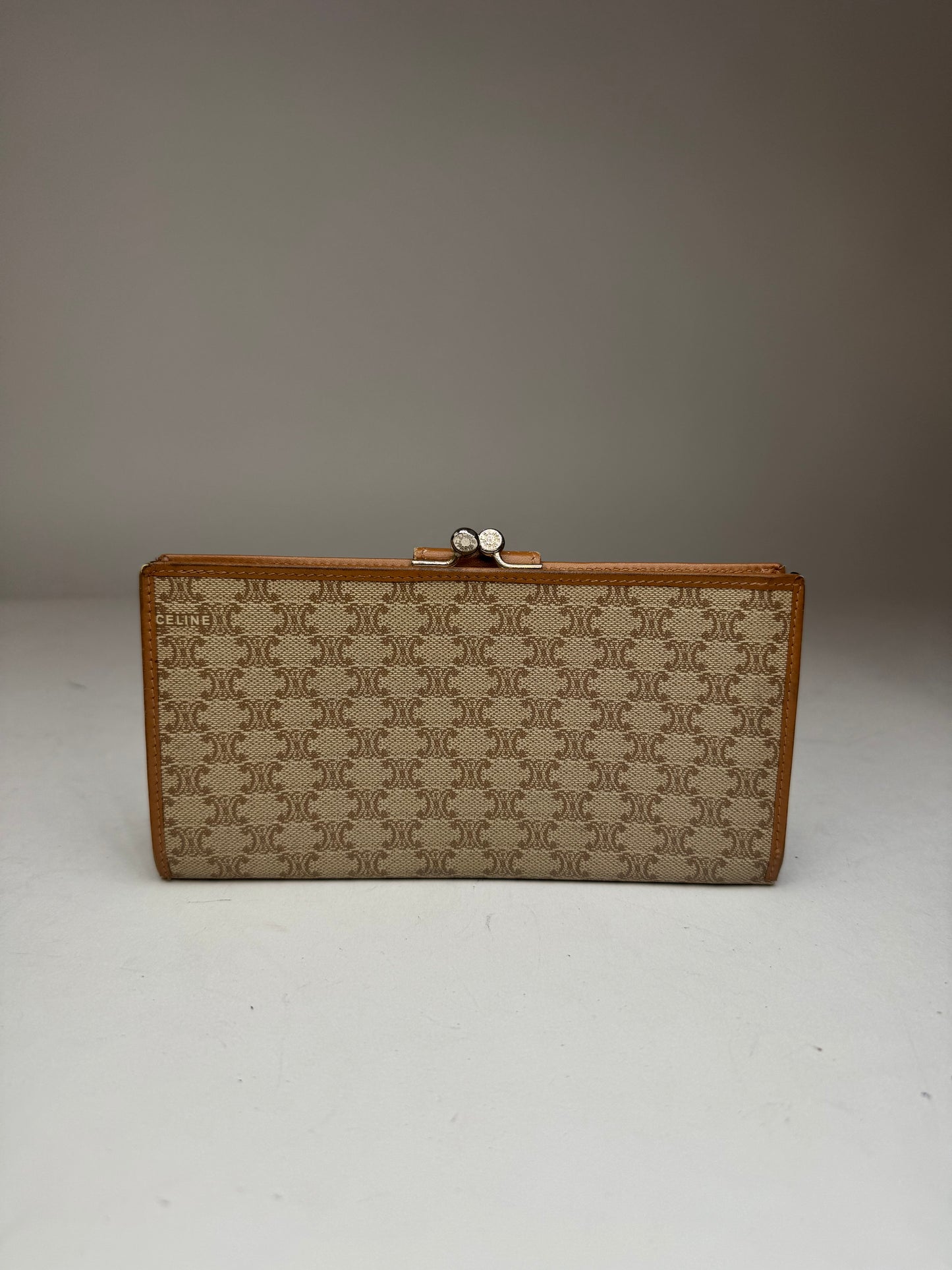 Vintage Celine Paris Monogram Leather Wallet beige