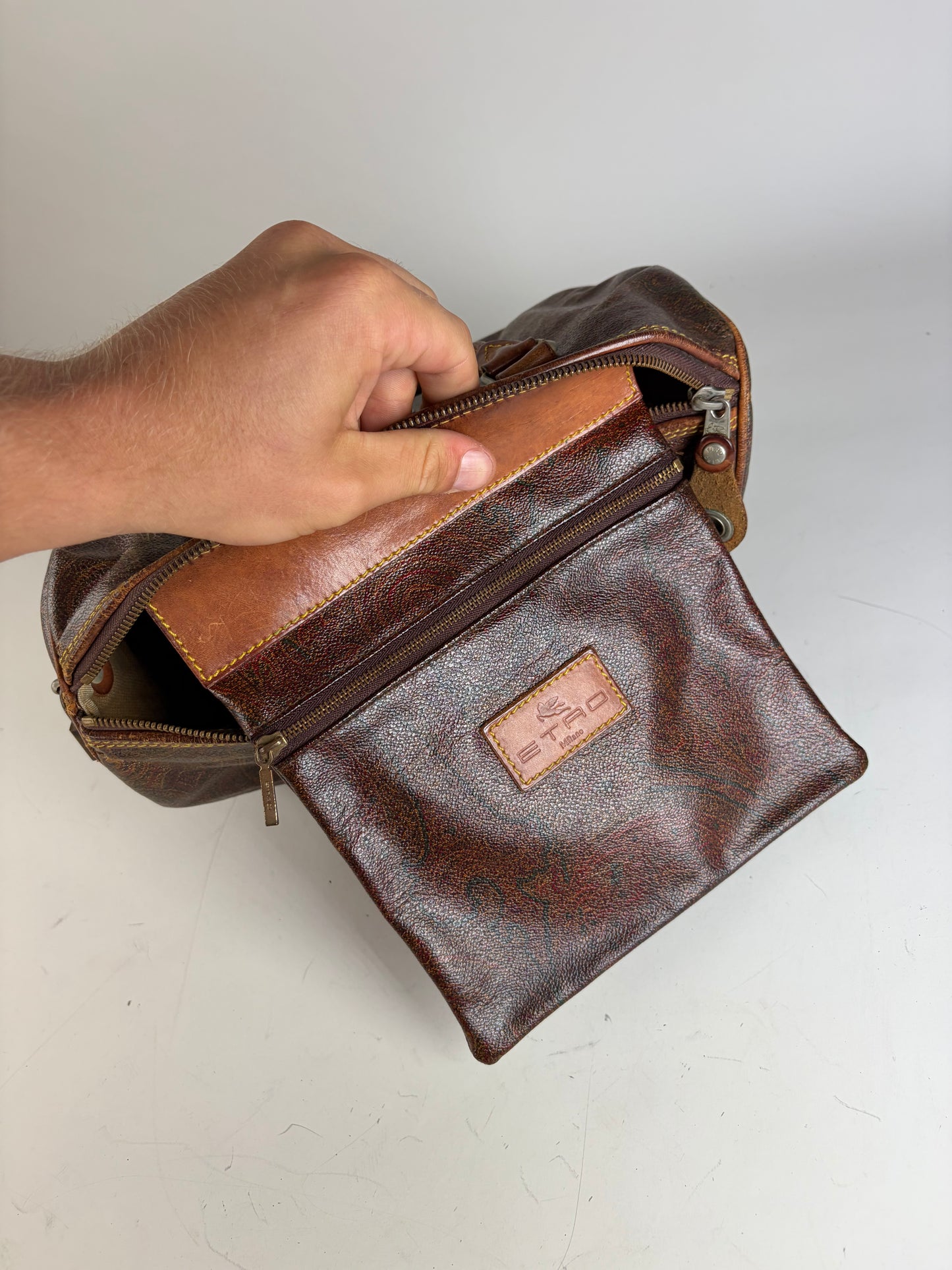 Vintage Etro Coated Leather Handbag Brown Rust Gold