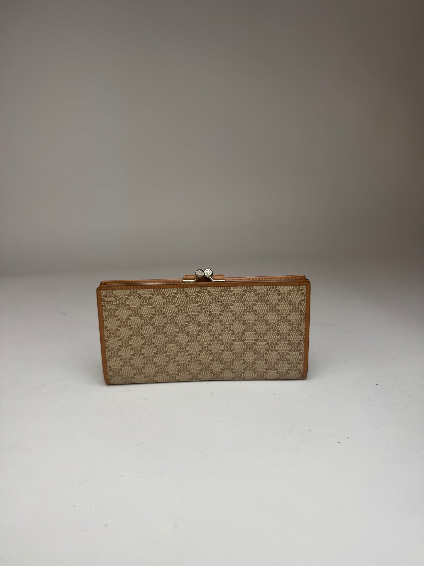 Vintage Celine Paris Monogram Leather Wallet beige