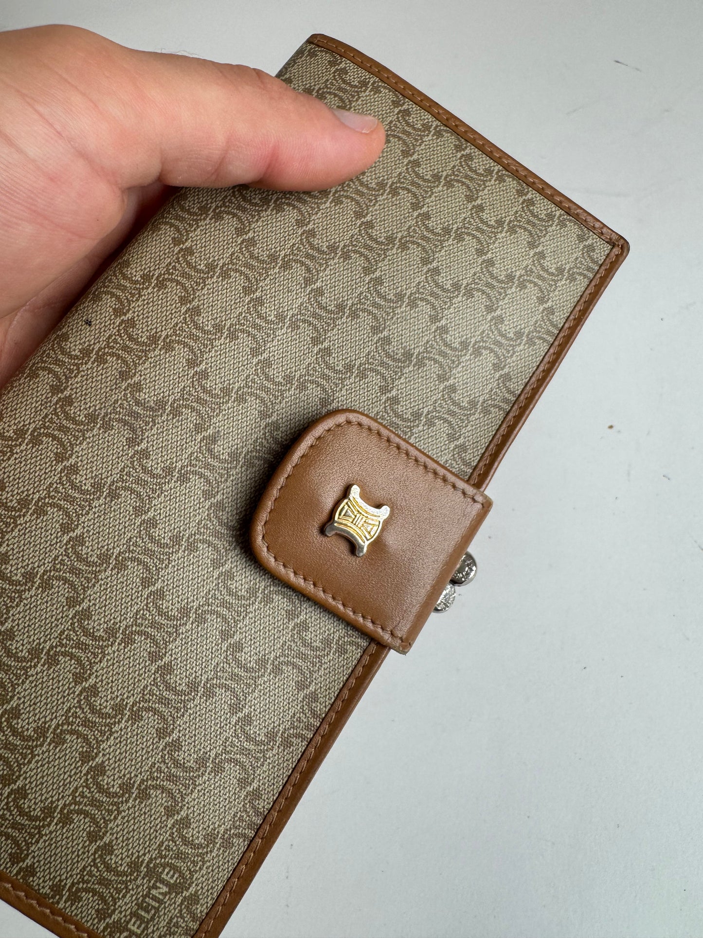 Vintage Celine Paris Monogram Leather Wallet beige