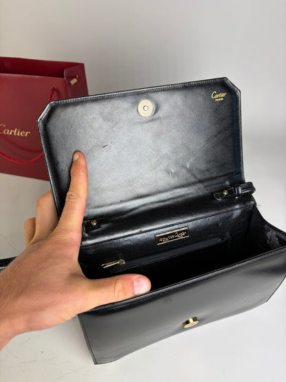 Vintage Cartier Leather Crossbody Bag Black Gold Turn-Lock