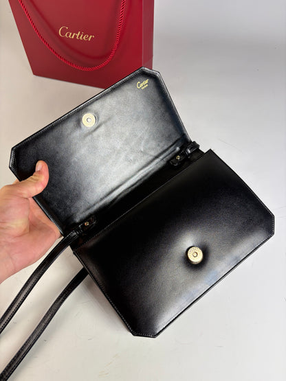 Vintage Cartier Leather Crossbody Bag Black Gold Turn-Lock