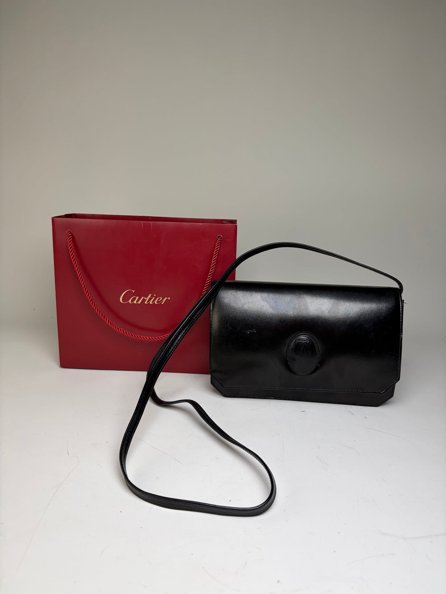 Vintage Cartier Leather Crossbody Bag Black Gold Turn-Lock