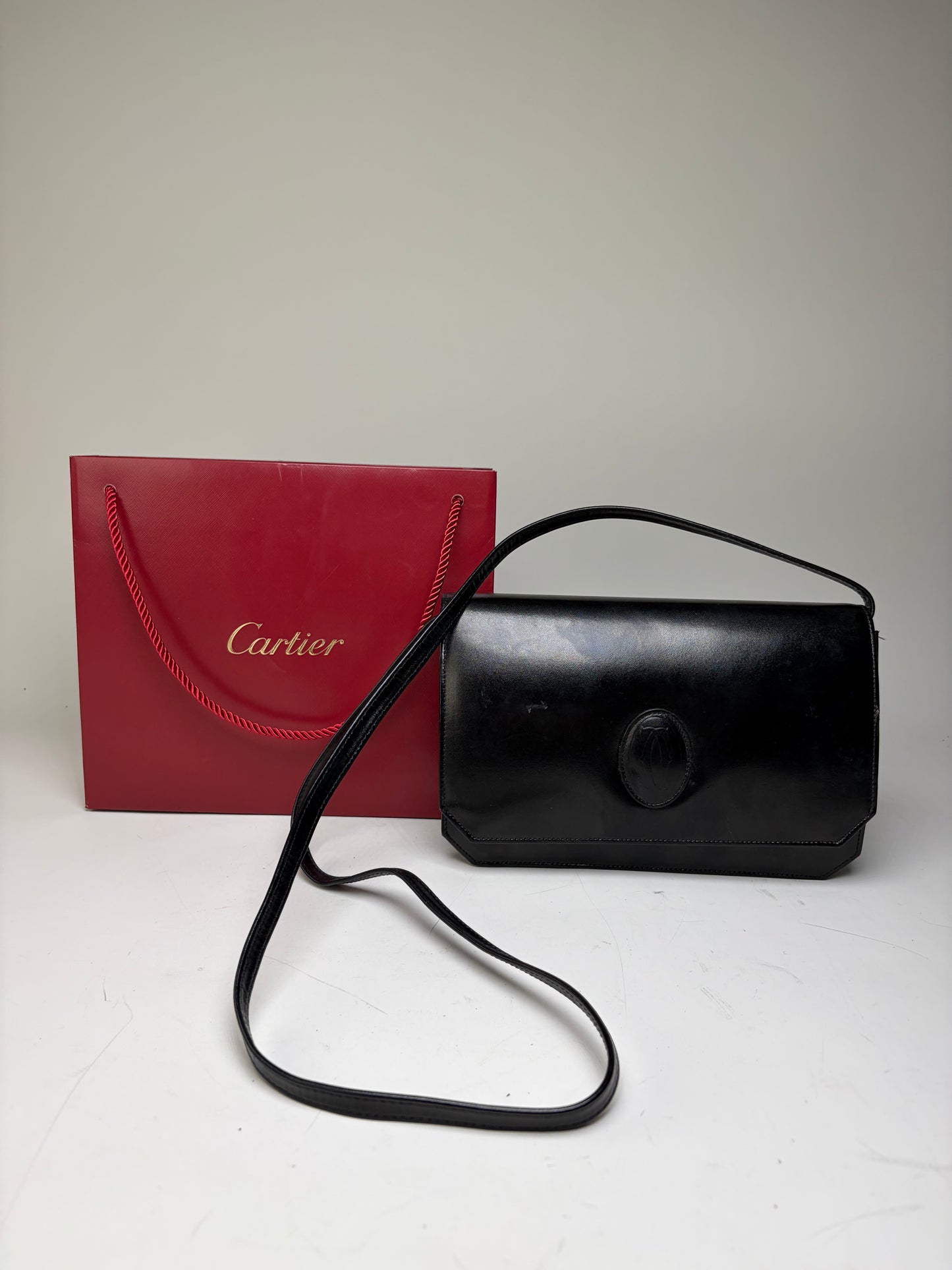 Vintage Cartier Leather Crossbody Bag Black Gold Turn-Lock