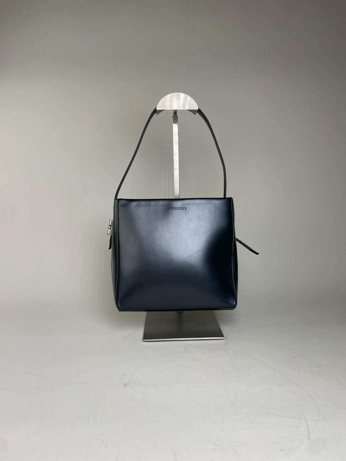 Vintage Givenchy Structured Leather Handbag Navy Silver