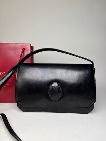 Vintage Cartier Leather Crossbody Bag Black Gold Turn-Lock